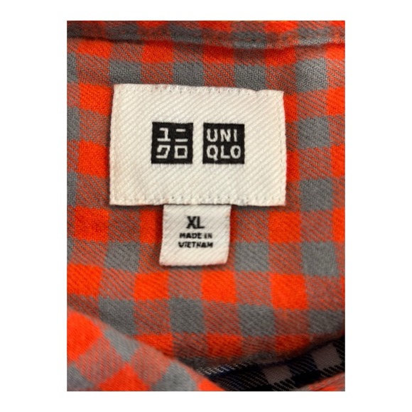 Uniqlo Top Womens XL Orange Plaid Flannel‎ Contrast Collar Pockets Lightweight - Picture 3 of 8